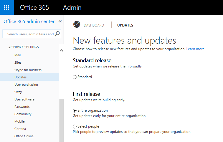 SharePoint Online new features release settings